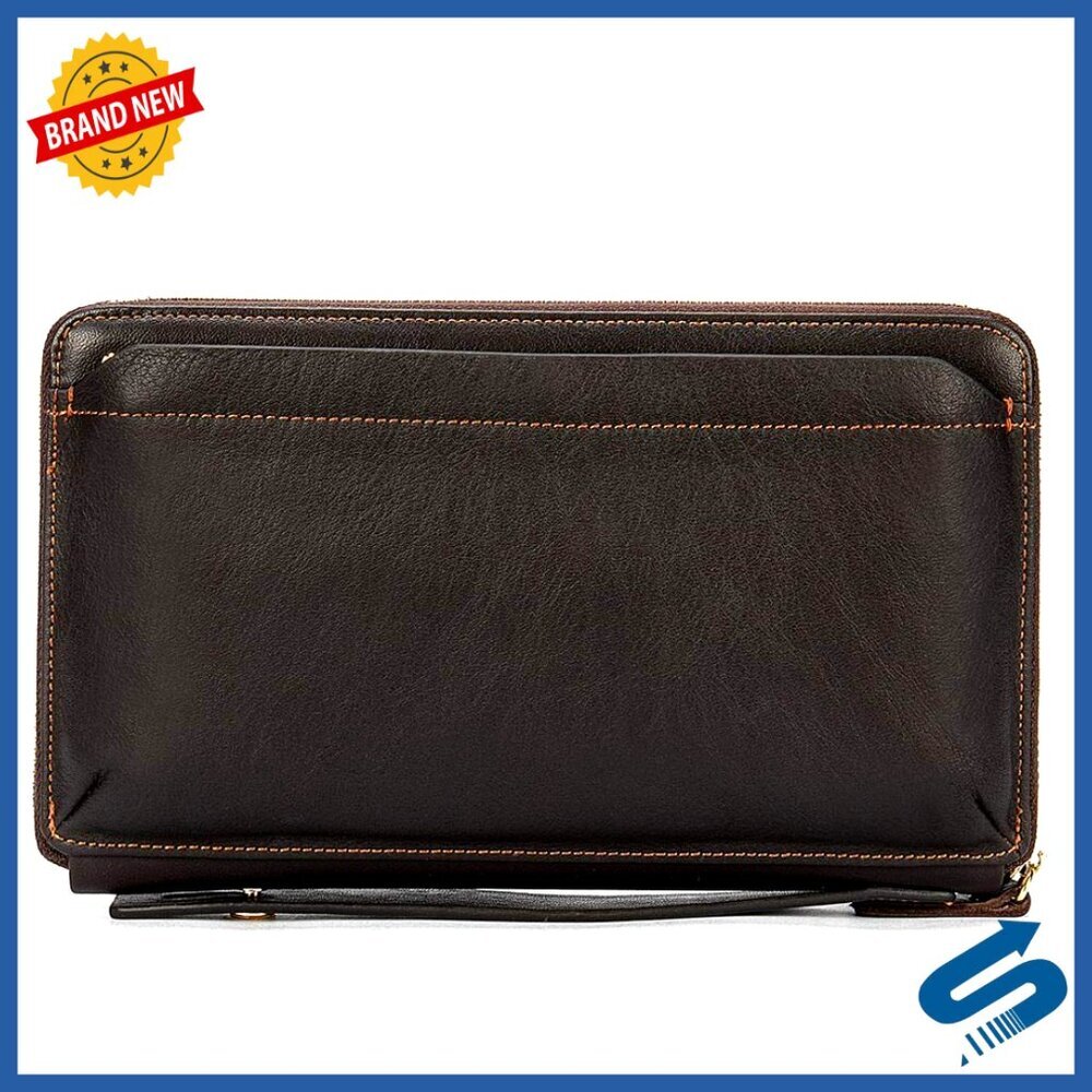 Large Genuine Leather Clutch Wallet with RFID Blocking, Zipper Closure